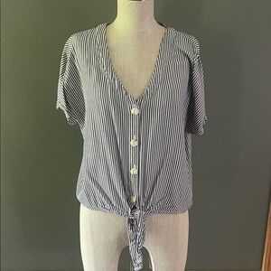 Striped V-Neck Button-Down Tie-Front Top